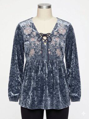 Y2K Crushed Velvet Floral Embroidered Bohemian Top Slate Blue Babydoll Hippie